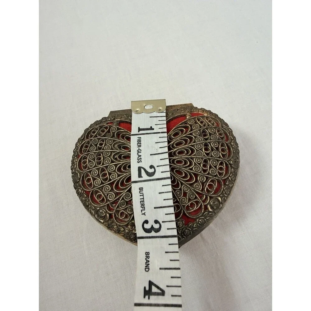 Vintage Gold Tone Filigree Butterfly Heart Trinket Box Red Velvet Cottagecore